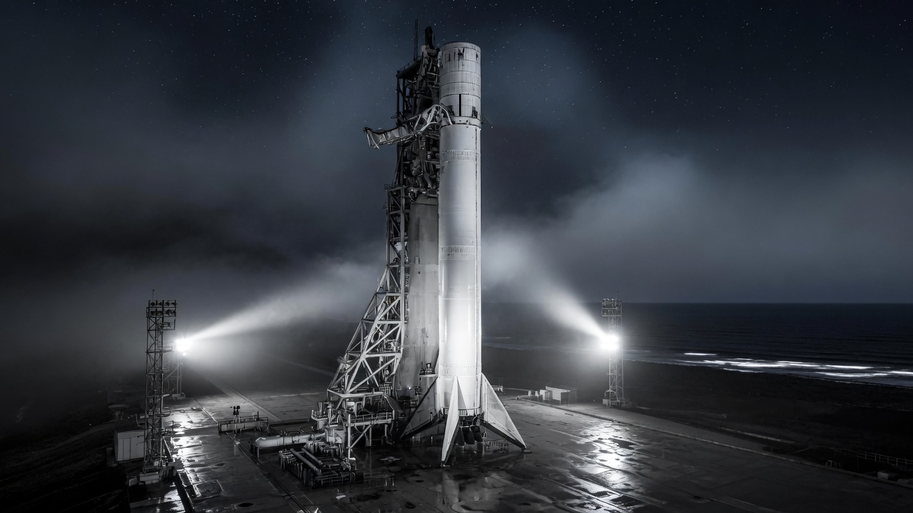 VECTOR heavy-lift vehicle on the pad at night
